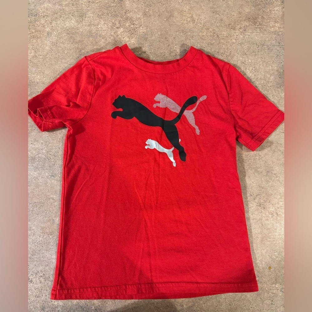Puma- Red Short Sleeve Tee with Triple Cat Graphic, Size 6